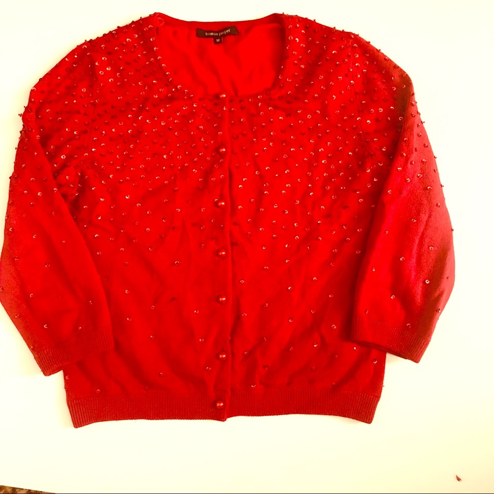 Boston Proper red embellished sweater.
